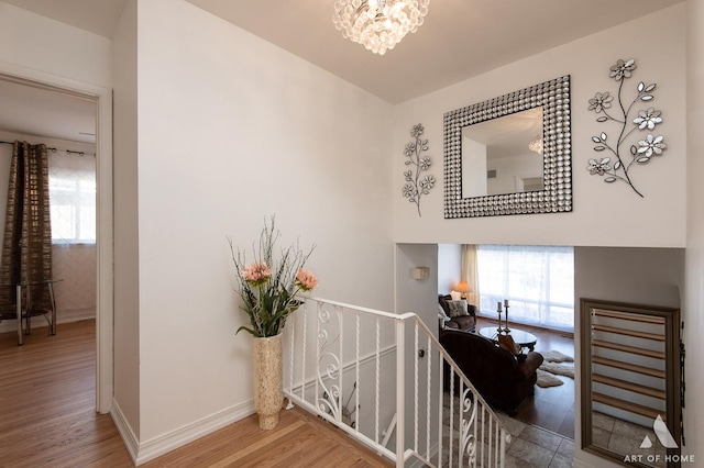 stairway with hardwood / wood-style flooring and a chandelier