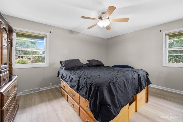 bedroom featuring ceiling fan and light wood-type flooring