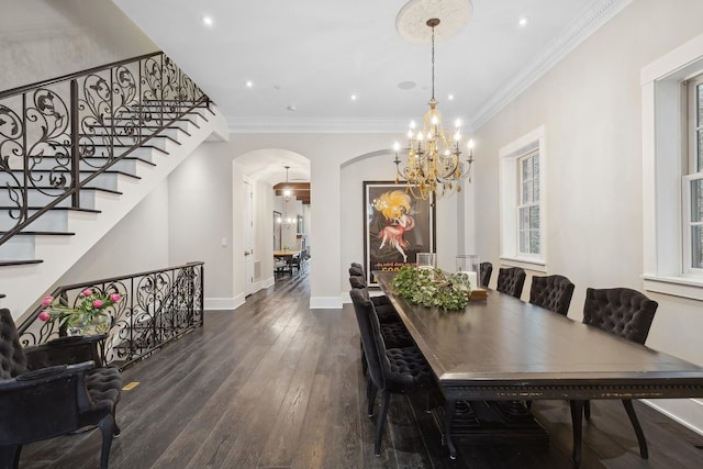 dining area with crown molding, a wealth of natural light, dark hardwood / wood-style floors, and a chandelier