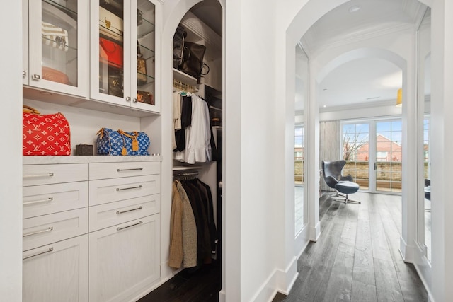 hallway featuring crown molding and dark wood-type flooring