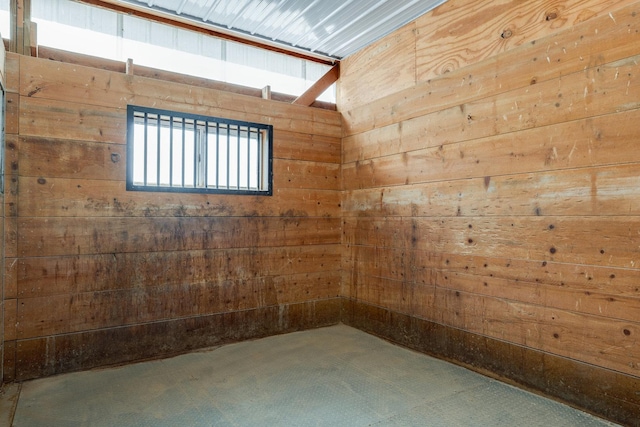 spare room featuring wood walls and carpet flooring