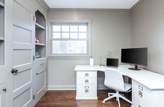 office featuring crown molding and dark wood-type flooring