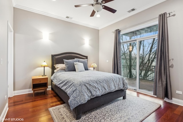 bedroom with crown molding, ceiling fan, dark wood-type flooring, and access to outside