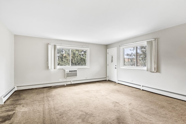 spare room featuring baseboard heating, a wall mounted AC, and carpet floors