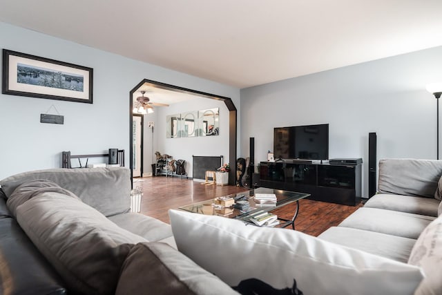 living room with dark hardwood / wood-style floors