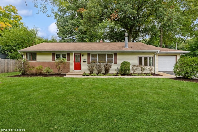 single story home with brick siding, an attached garage, a front lawn, and fence