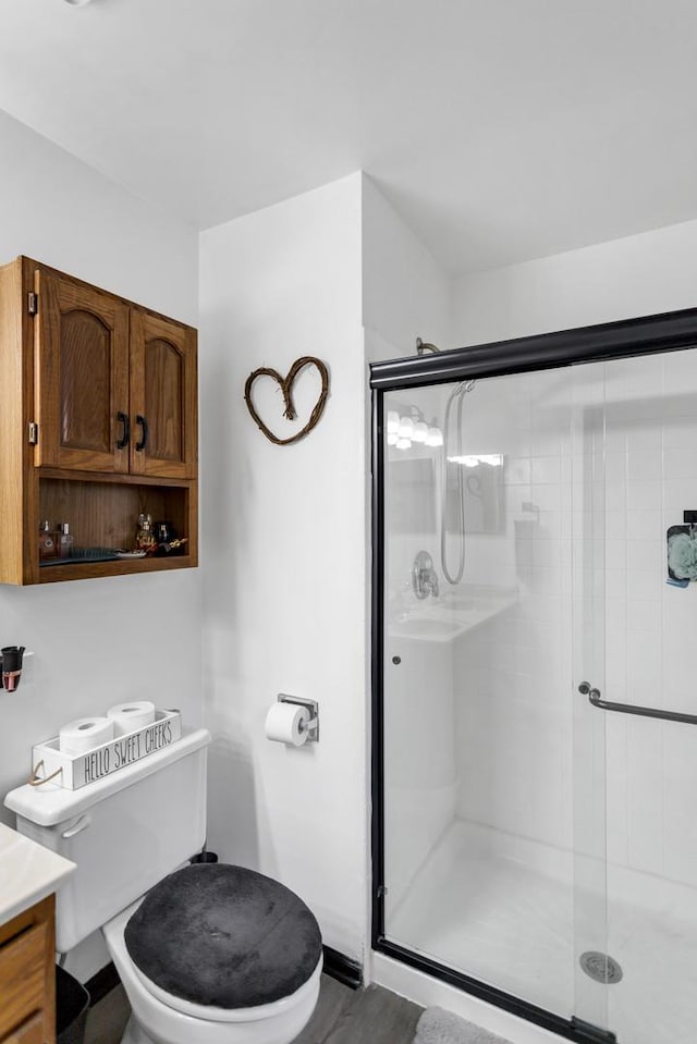 bathroom with vanity, a shower with shower door, and toilet