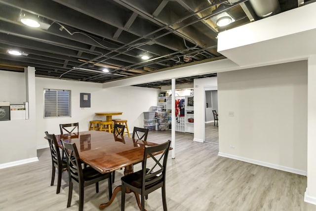 dining space with hardwood / wood-style flooring and electric panel