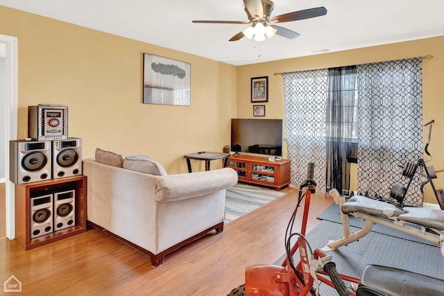 living room featuring ceiling fan and light hardwood / wood-style flooring