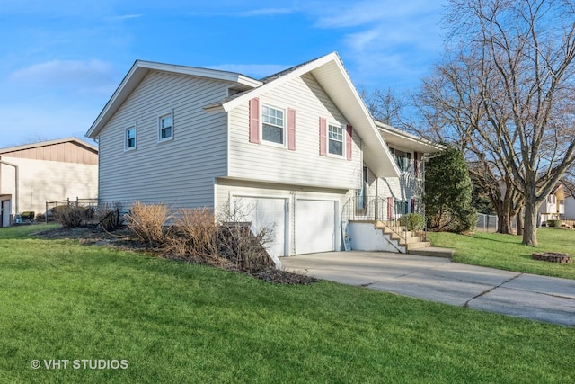 view of property exterior featuring a garage, concrete driveway, and a yard