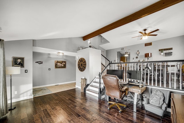 interior space with vaulted ceiling with beams, hardwood / wood-style flooring, and ceiling fan