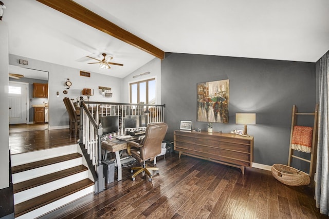 interior space featuring lofted ceiling with beams, dark wood-type flooring, and ceiling fan