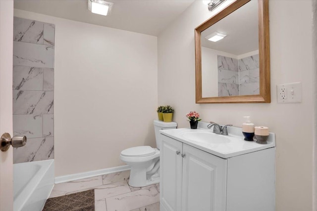 full bathroom featuring washtub / shower combination, vanity, and toilet