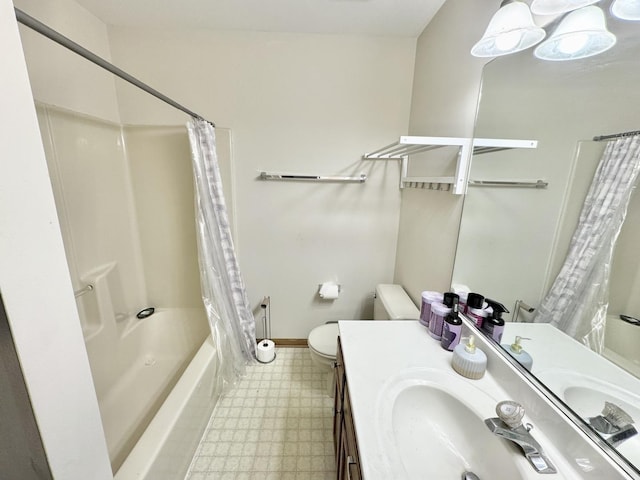 full bathroom with shower / tub combo, vanity, and toilet