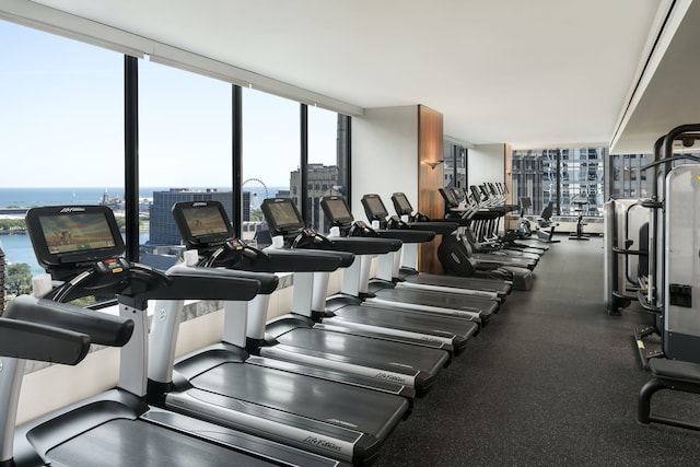 exercise room with a water view and a wall of windows