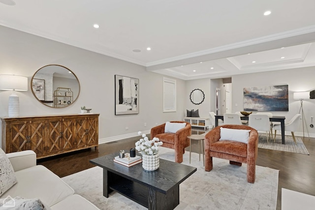 living room featuring ornamental molding and hardwood / wood-style floors