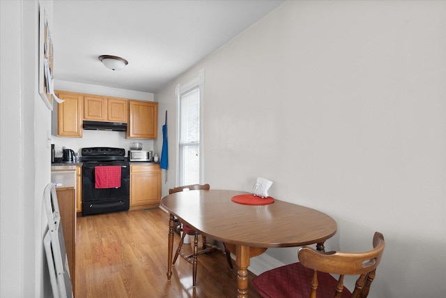 kitchen featuring electric range, light brown cabinetry, and light hardwood / wood-style flooring