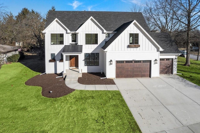 modern farmhouse featuring a shingled roof, a front lawn, board and batten siding, and concrete driveway