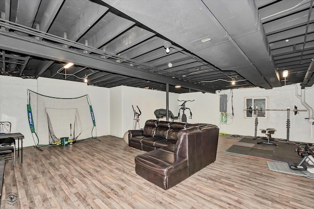 exercise area with hardwood / wood-style flooring and electric panel