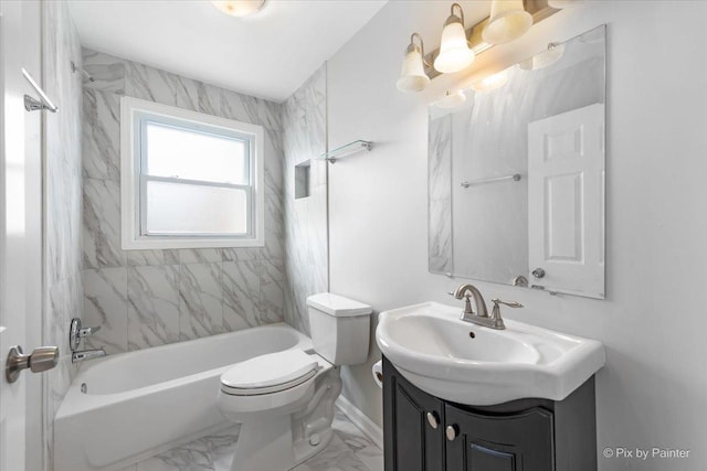 full bath featuring toilet, marble finish floor, tub / shower combination, and vanity