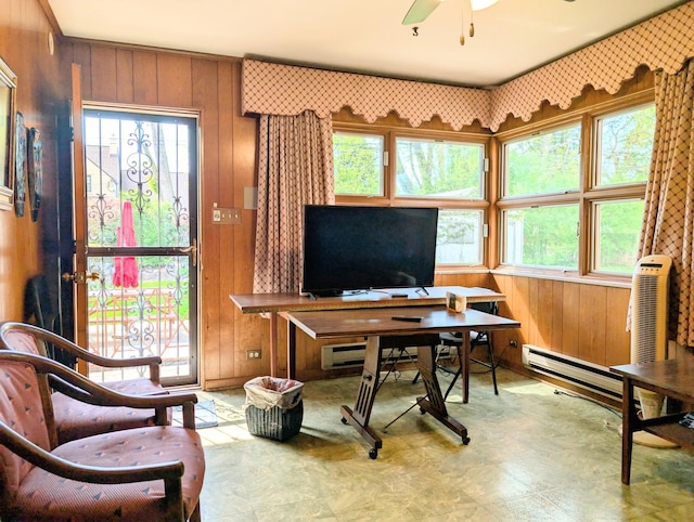9018 S Oakley Ave, Chicago, IL 60643 - office area featuring wooden walls, healthy amount of natural light, a ceiling fan, and tile patterned floors