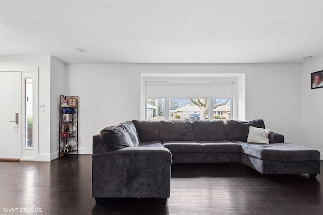 living room featuring dark wood-type flooring