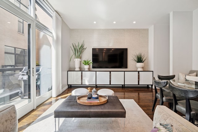 living room featuring hardwood / wood-style flooring, french doors, and a healthy amount of sunlight