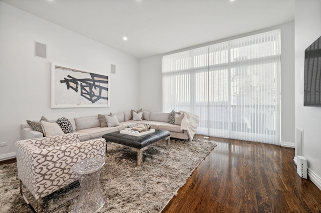 living room with dark hardwood / wood-style floors