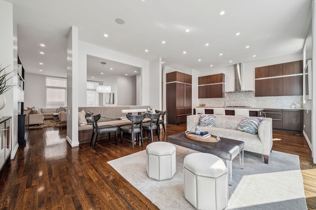 living room with dark wood-type flooring