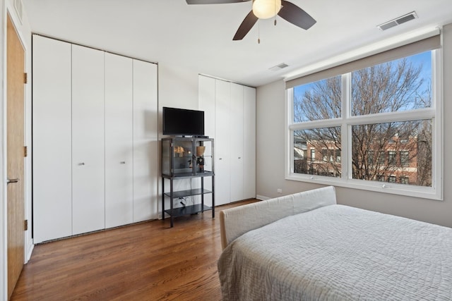 bedroom featuring a ceiling fan, visible vents, multiple closets, and wood finished floors