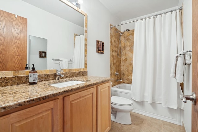 full bathroom with toilet, tile patterned floors, shower / tub combo with curtain, and vanity