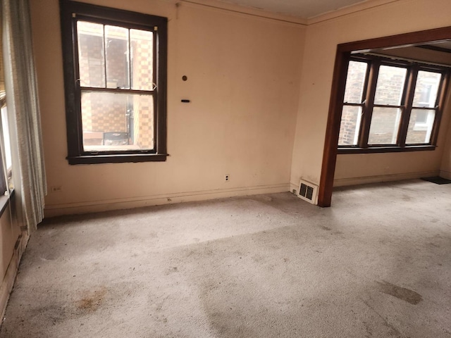 unfurnished room with ornamental molding and light colored carpet