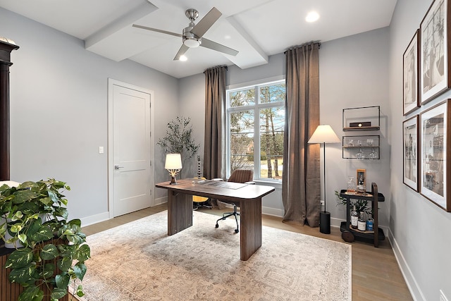 office space featuring ceiling fan and light hardwood / wood-style flooring