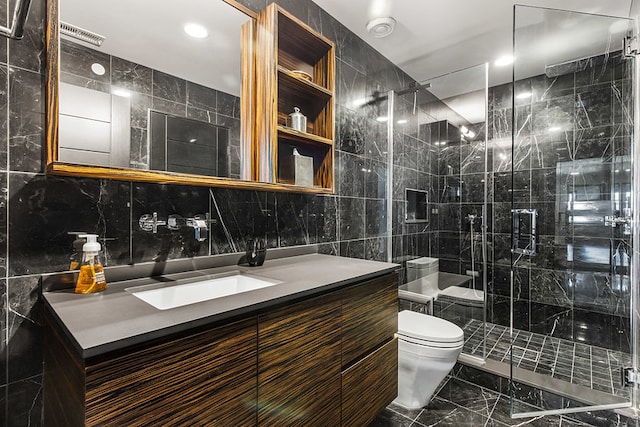 6505 N Knox Ave, Lincolnwood, IL 60645 - full bath with toilet, vanity, tile walls, marble finish floor, and a shower stall