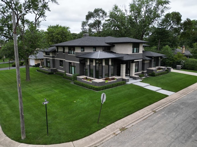 6505 N Knox Ave, Lincolnwood, IL 60645 - prairie-style home with a front yard, a standing seam roof, metal roof, and a chimney