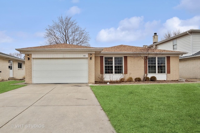 single story home with a garage and a front yard