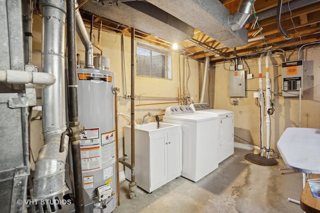 basement featuring independent washer and dryer, electric panel, and water heater