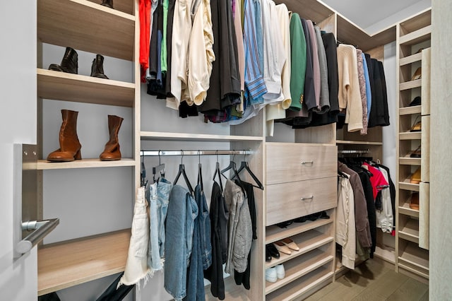 walk in closet with wood finished floors