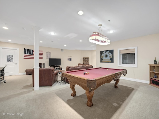 playroom featuring pool table, decorative columns, and light carpet