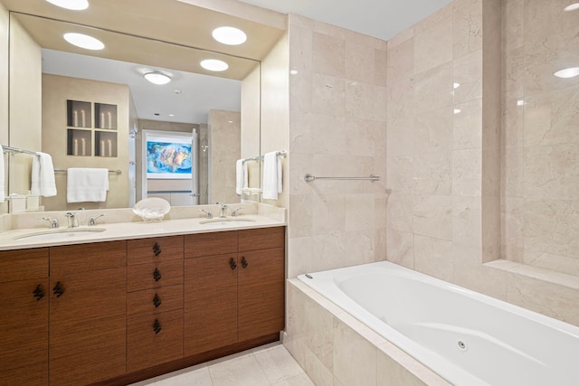 130 N Garland Ct Unit 4101, Chicago, IL 60602 - bathroom featuring double vanity, tiled bath, a sink, and tile patterned flooring