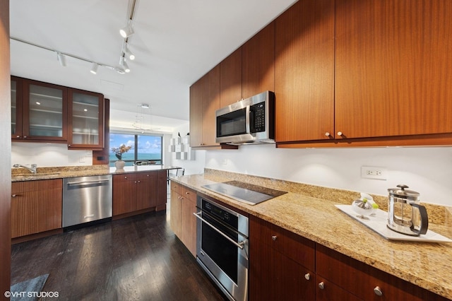 130 N Garland Ct Unit 4101, Chicago, IL 60602 - kitchen featuring light stone counters, appliances with stainless steel finishes, dark wood-style floors, and glass insert cabinets