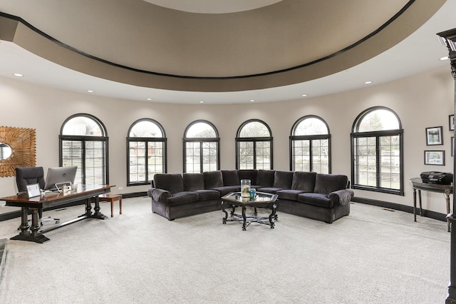 living room featuring light colored carpet and a tray ceiling