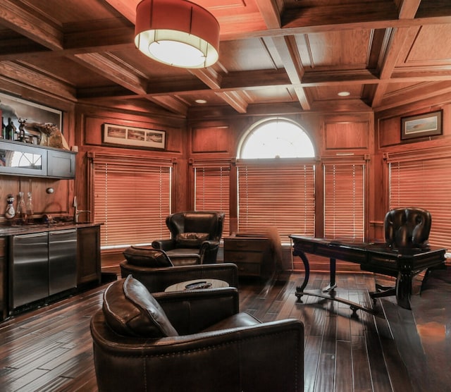 office space with coffered ceiling, dark hardwood / wood-style floors, beam ceiling, and wood walls