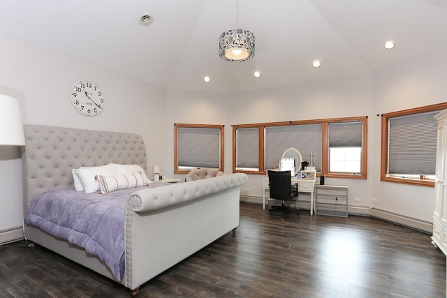 bedroom with dark wood-type flooring and lofted ceiling