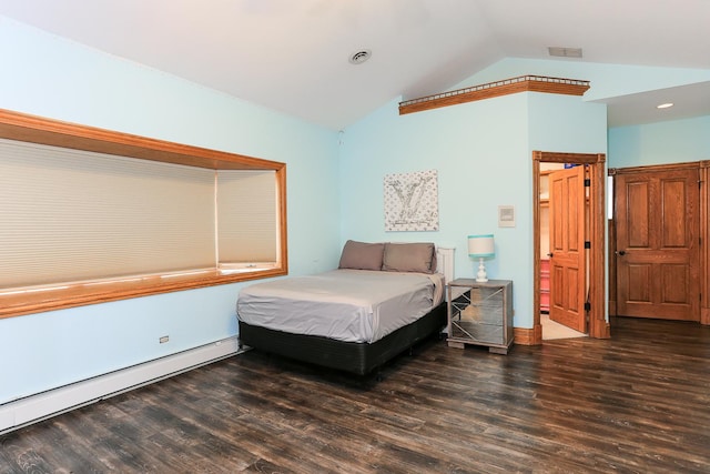 bedroom featuring vaulted ceiling, a baseboard heating unit, and dark hardwood / wood-style flooring