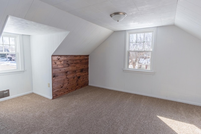 additional living space with carpet, baseboards, vaulted ceiling, and a wealth of natural light