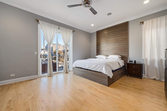 bedroom with ceiling fan, ornamental molding, access to exterior, and light wood-type flooring