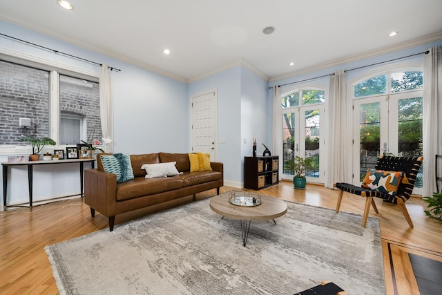 living room featuring crown molding and light hardwood / wood-style flooring