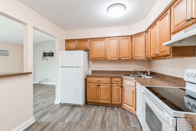 kitchen with sink, white appliances, and light hardwood / wood-style flooring