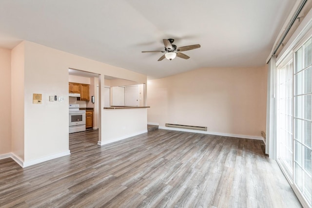 unfurnished living room featuring lofted ceiling, light hardwood / wood-style flooring, ceiling fan, and baseboard heating